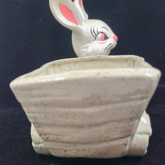 Vintage Painted Ceramic Easter Bunny Pulling Cart Easter Planter Spring Easter - Picture 6 of 10